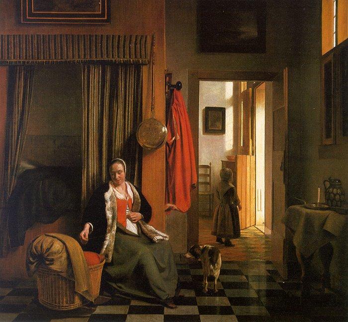 Pieter de Hooch Mother Lacing her Bodice Beside a Cradle France oil painting art